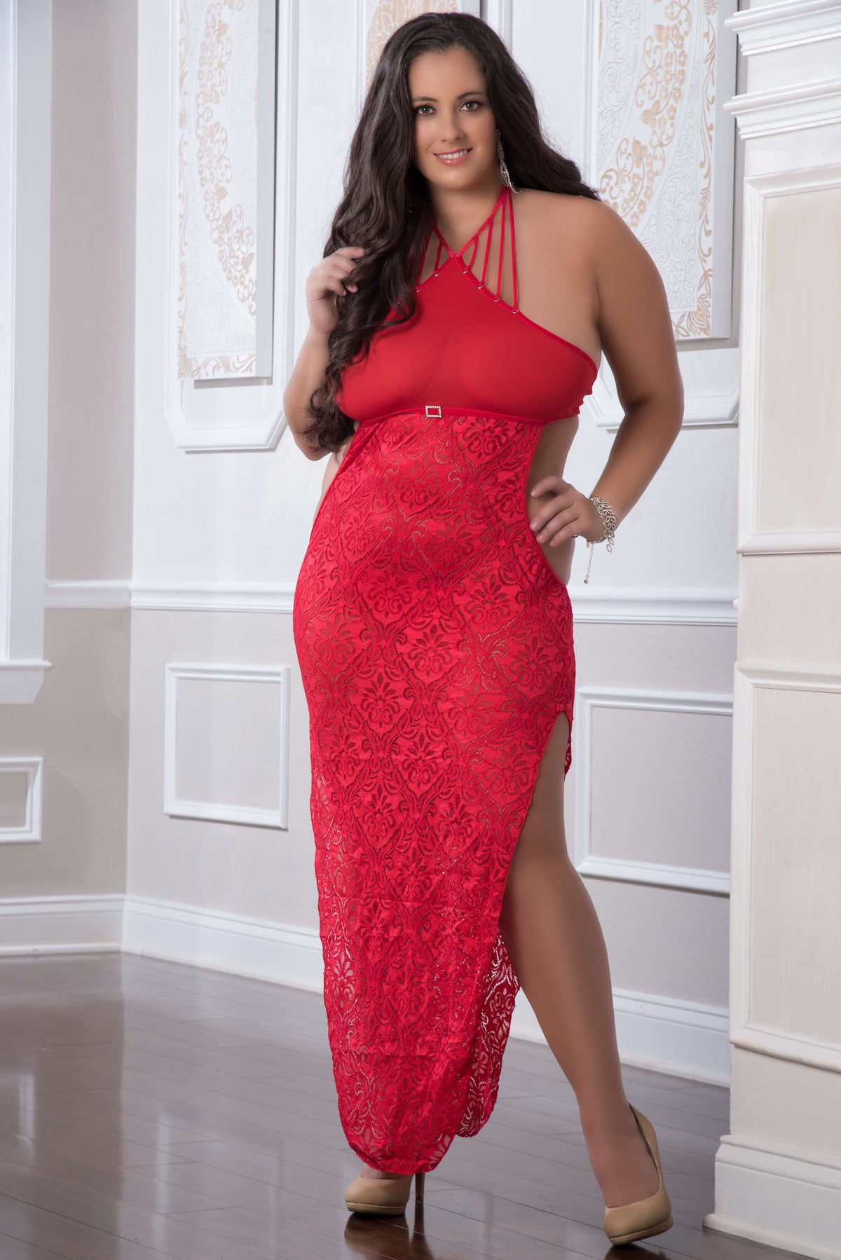 2 Pc. Shoulder-Baring Laced Night Dress - Red Cherry - Queen Size