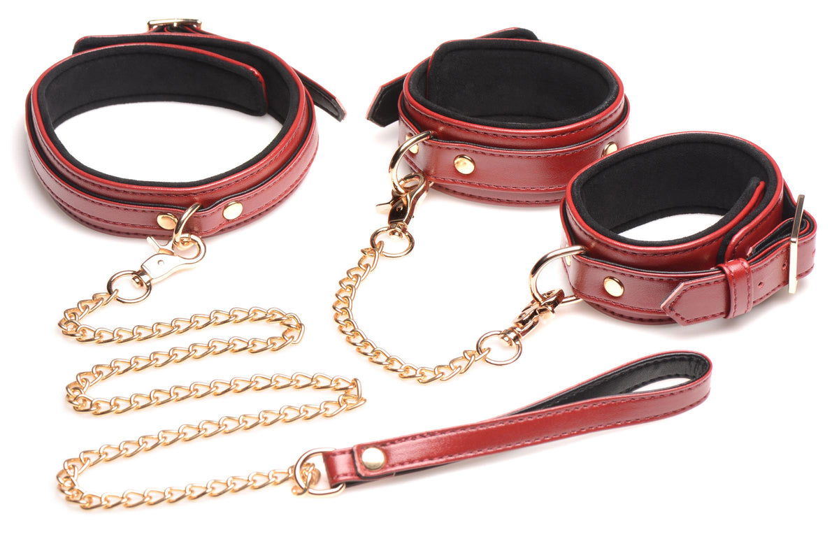 6 Piece Burgundy Bondage Set Burgundy Cuffs, Collar and Leash