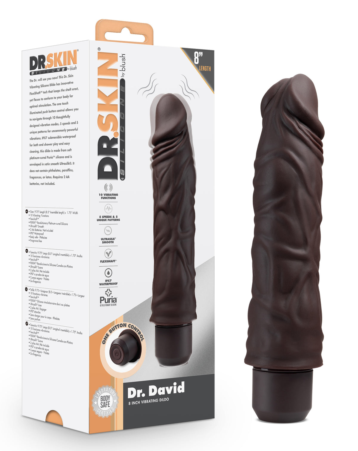Dr. Skin Silicone - Dr. David - 8 Inch Vibrating Dildo - Brown