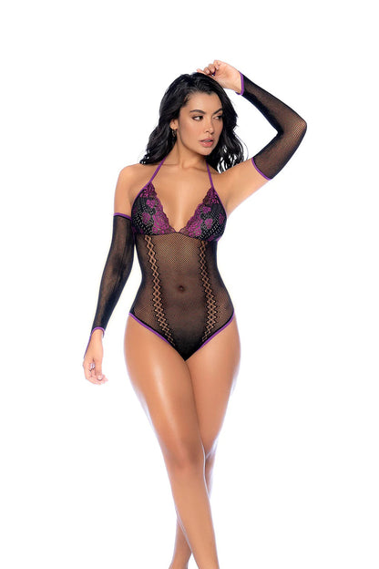 Whispered Lace Fishnet Bodysuit - Os - Black/purple