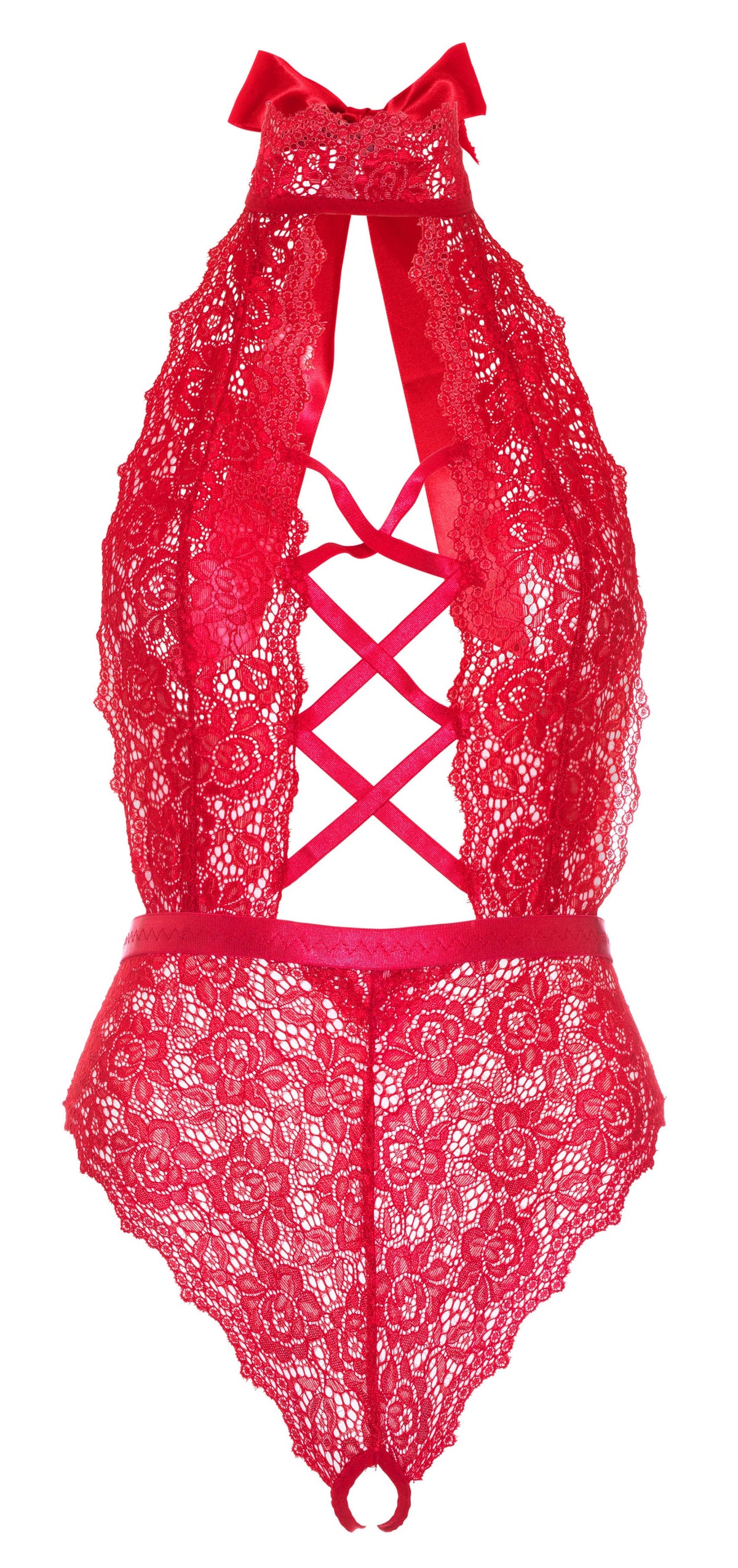 Floral Lace Crotchless Teddy - 1x/2x - Red