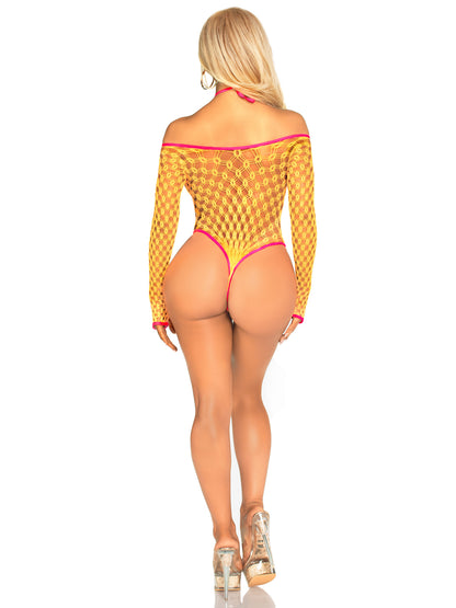 Eyelet Net Teddy With Tie-Front Keyhole Detail O/s - Neon Orange