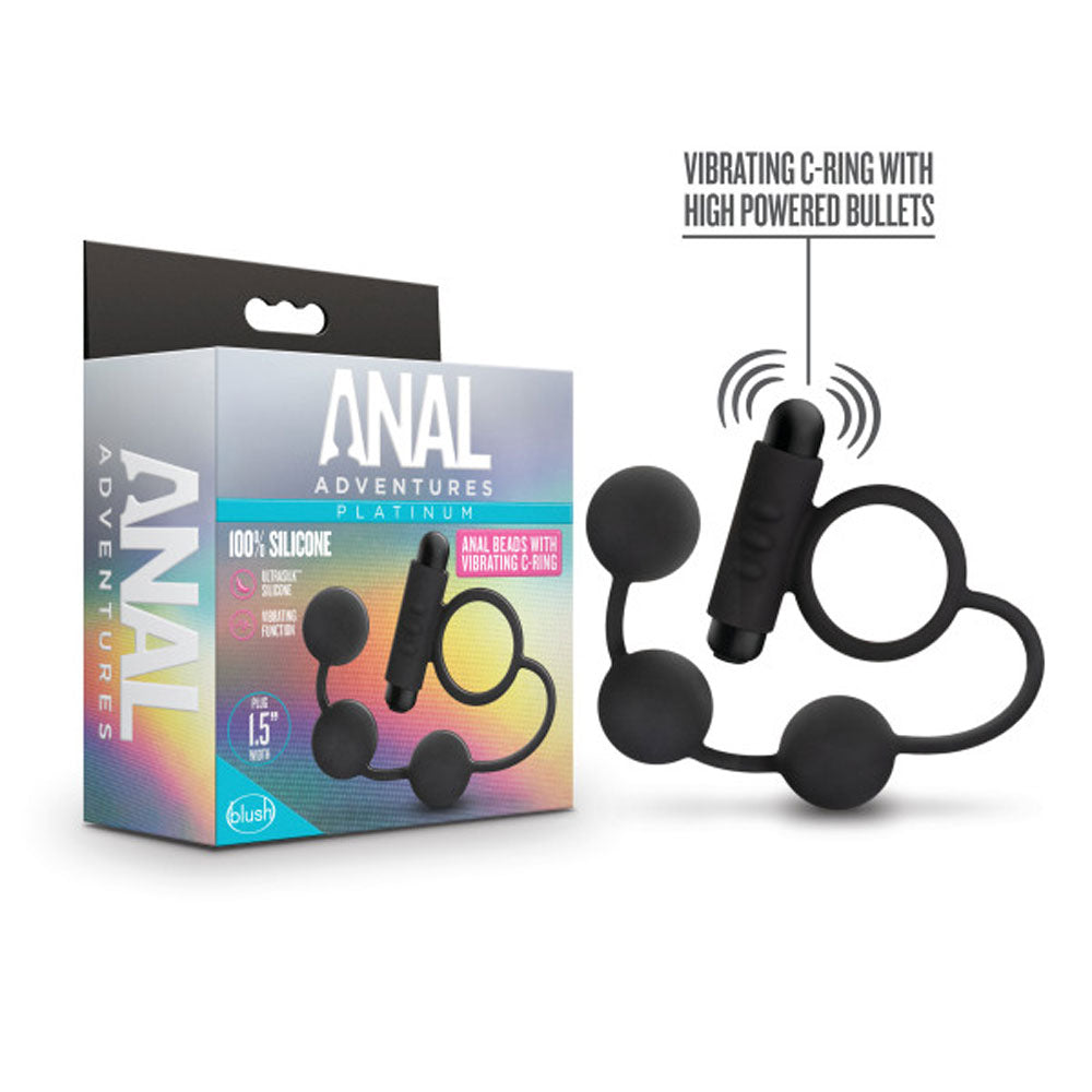 Anal Adventures- Platinum - Silicone Anal Ball  With Vibrating C-Ring- Black