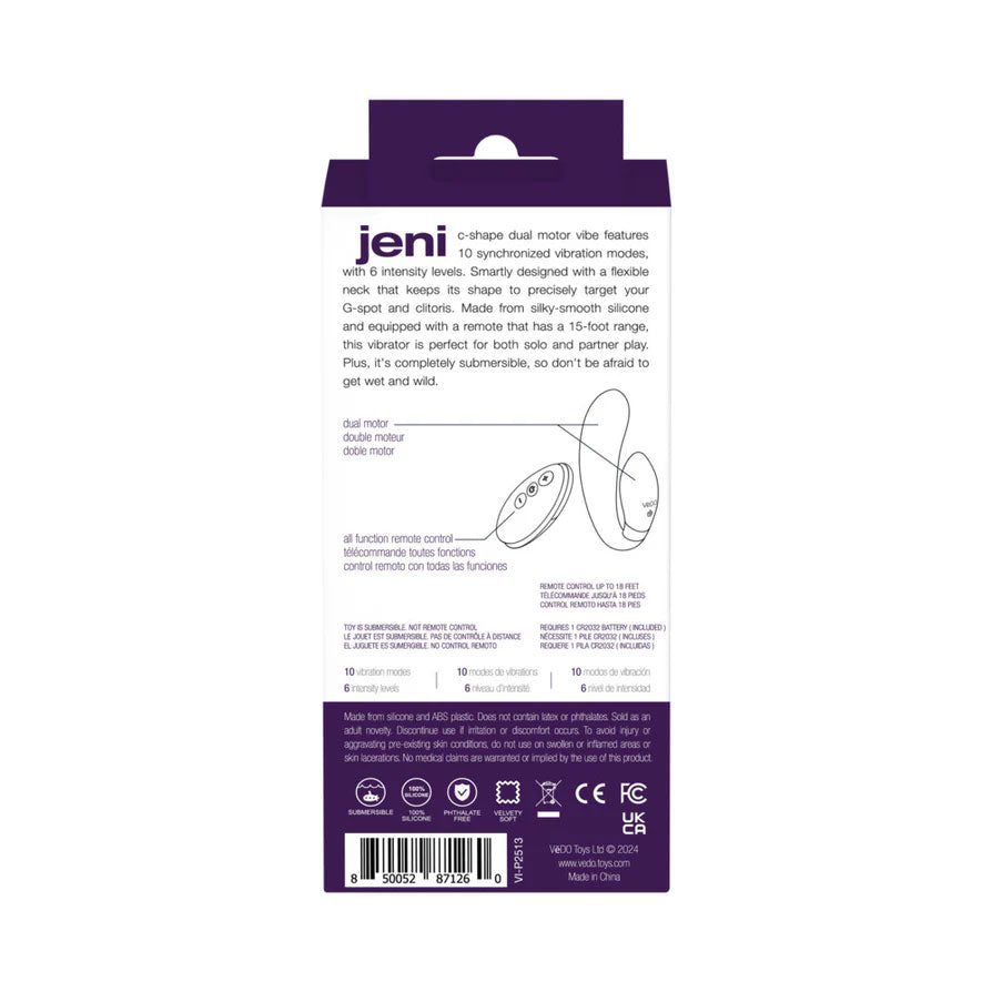 Jeni C-Shaped Dual Motor Vibe With Remote - Purple
