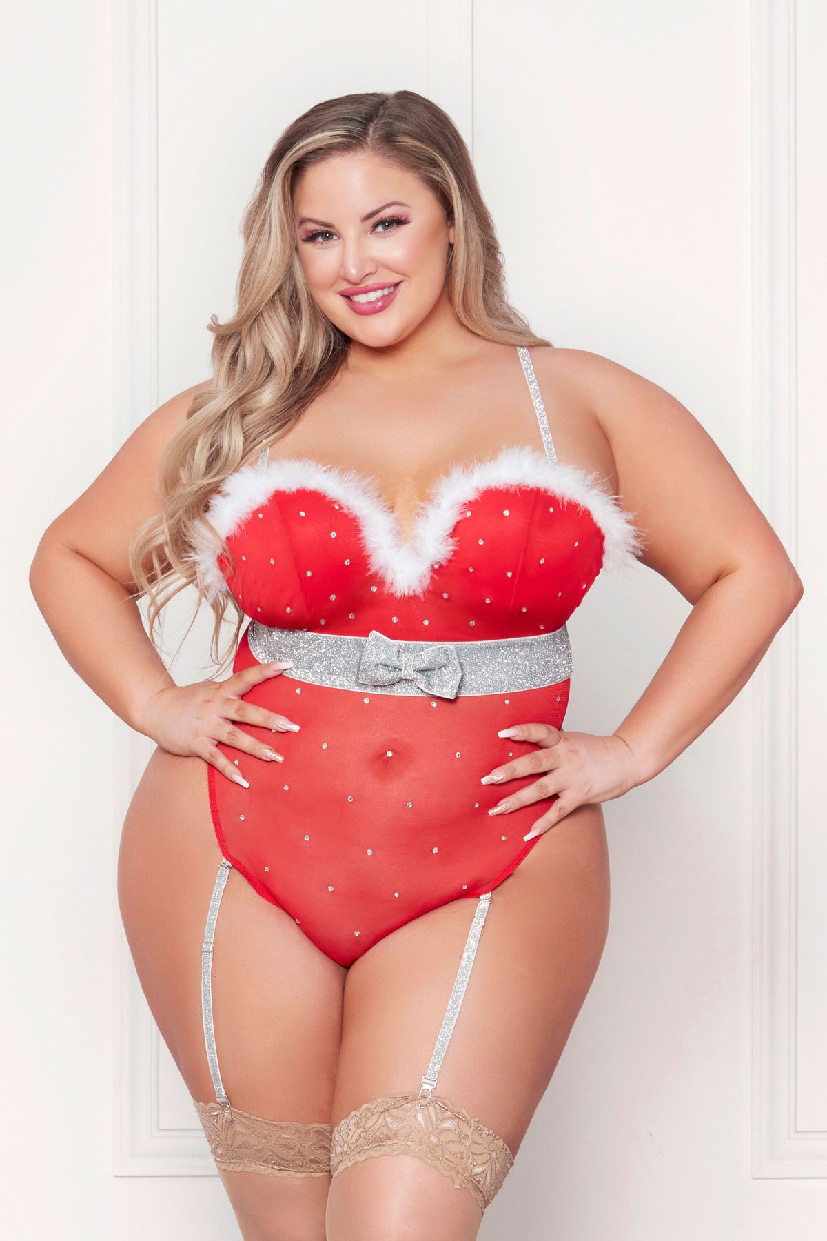 Rhinestone Studded Mesh Teddy With Marabou Trim - 1x/2x - Red