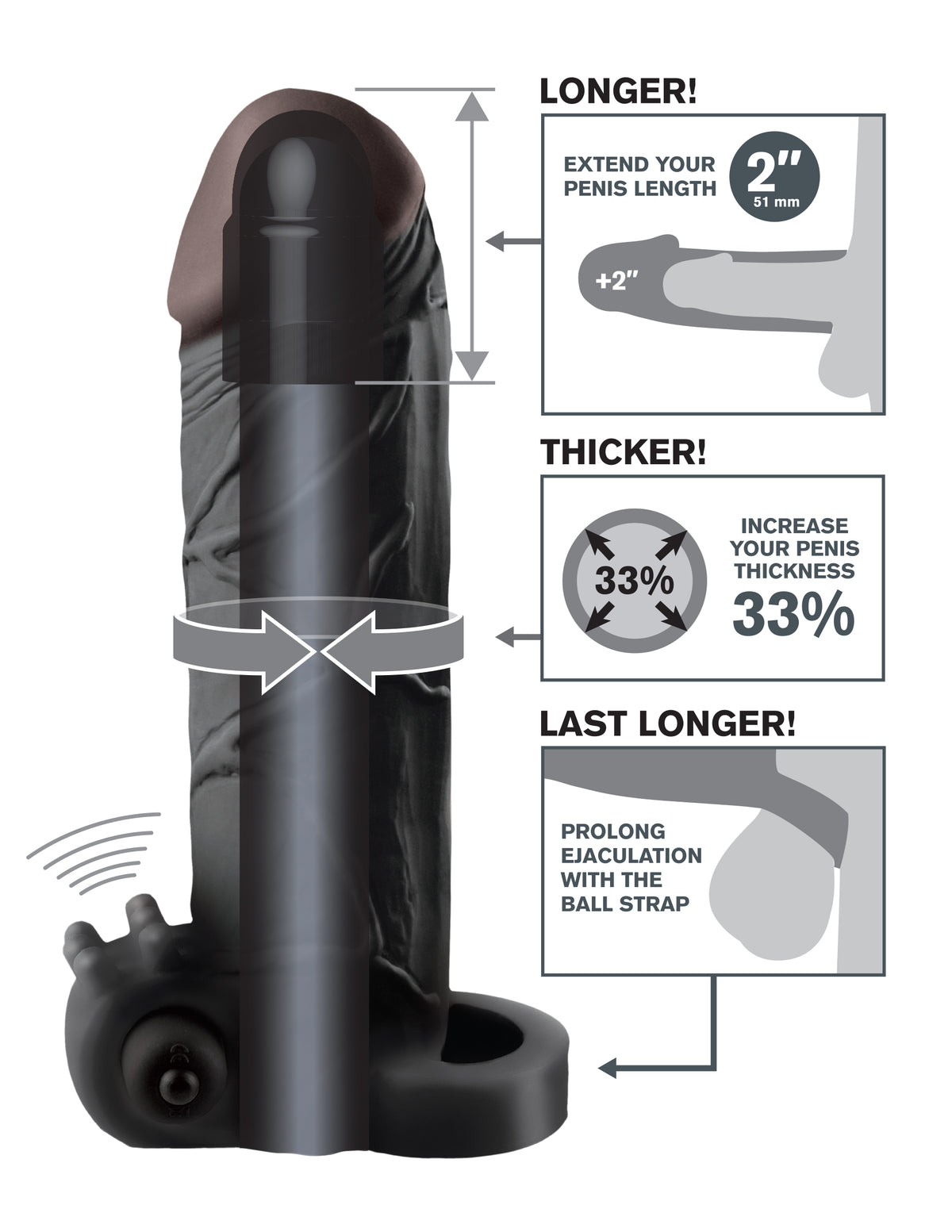 Fantasy X-Tensions Vibrating Real Feel 2-Inch Extension - Black