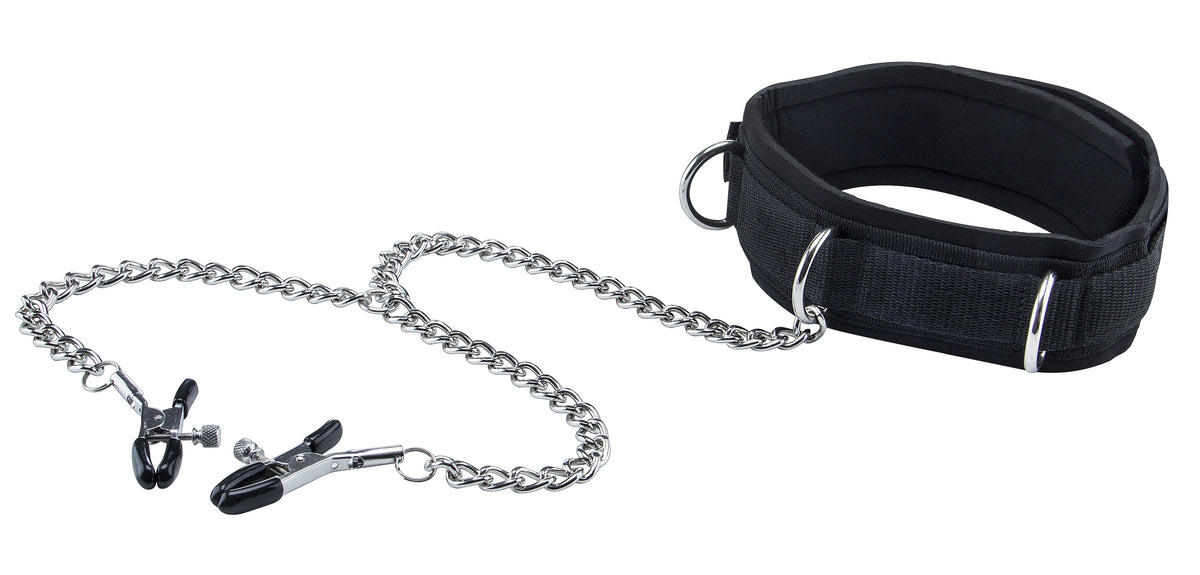 Velcro Collar With Nipple Clamps - Black