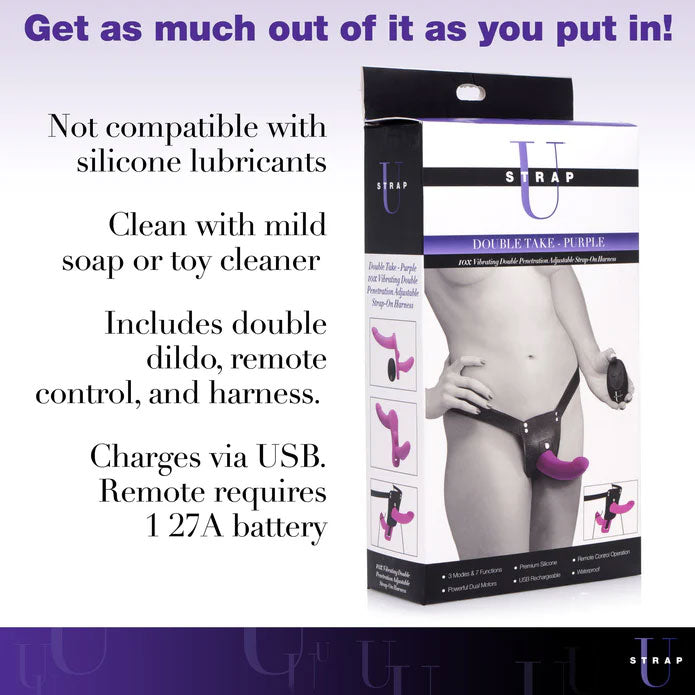 Double Take 10x Vibrating Double Penetration Adjustable Strap-on Purple