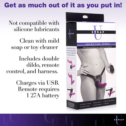 Double Take 10x Vibrating Double Penetration Adjustable Strap-on Purple