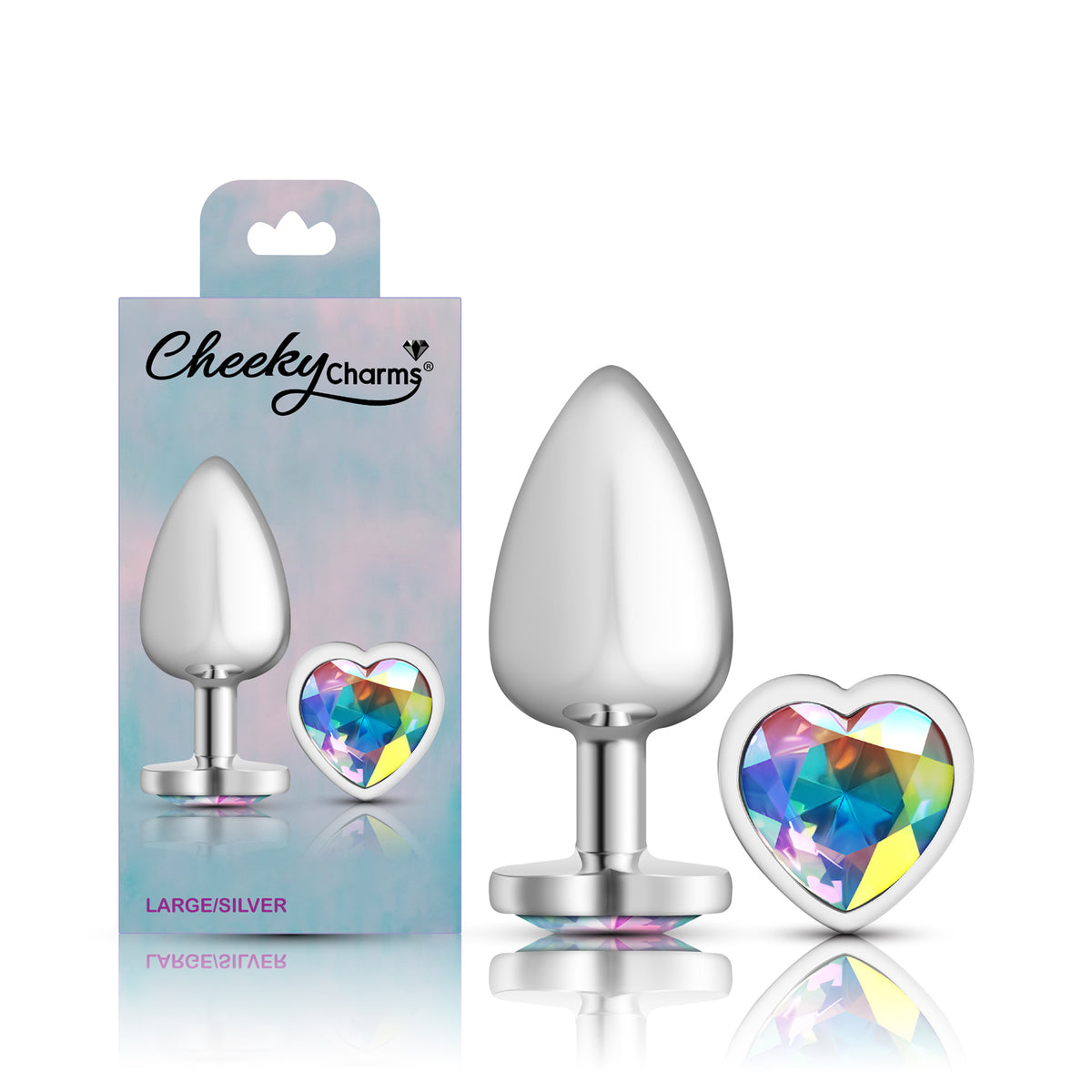 Clear Iridescent Heart Gem Silver Metal Plug - Lg