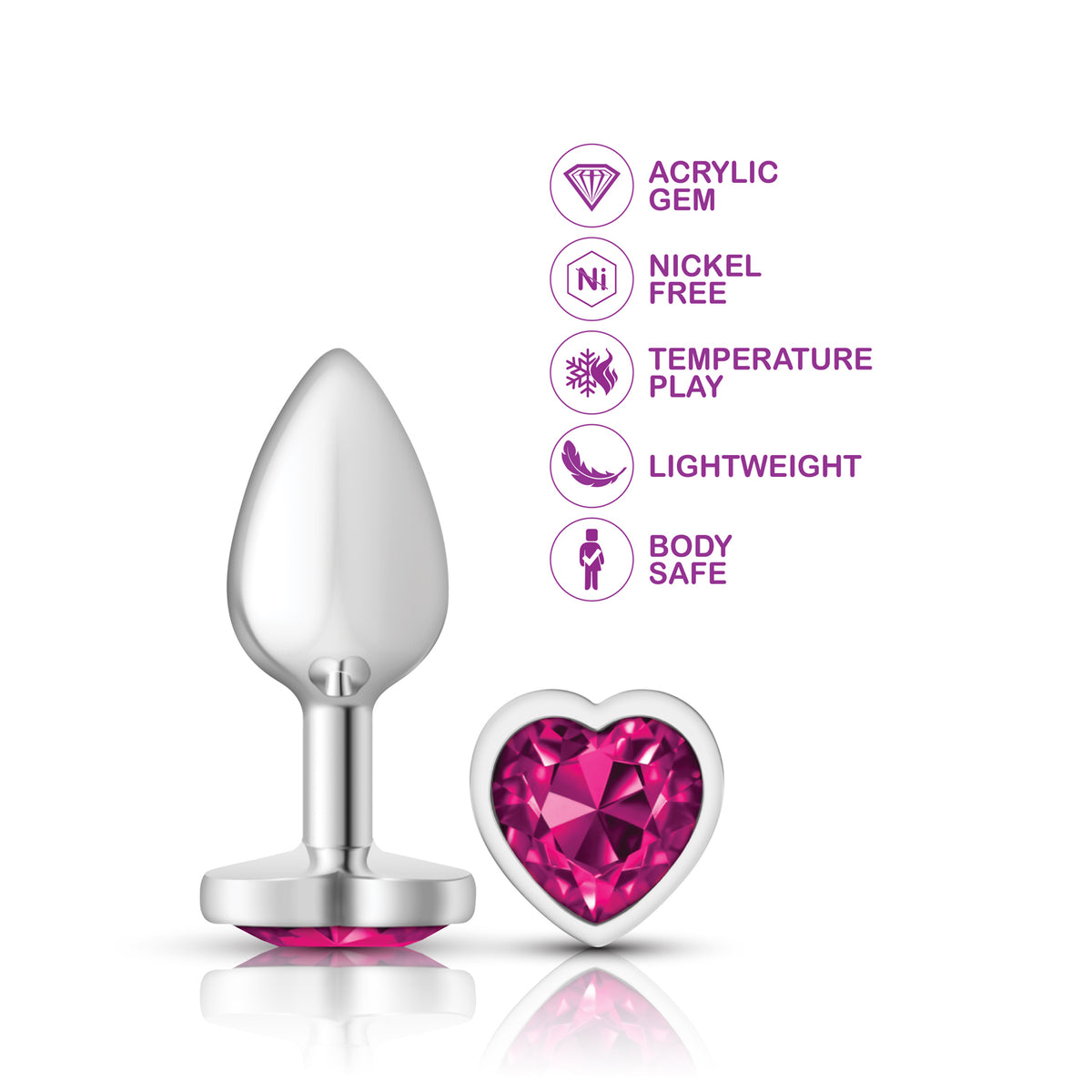 Bright Pink Heart Gem Silver Metal Plug - Sm