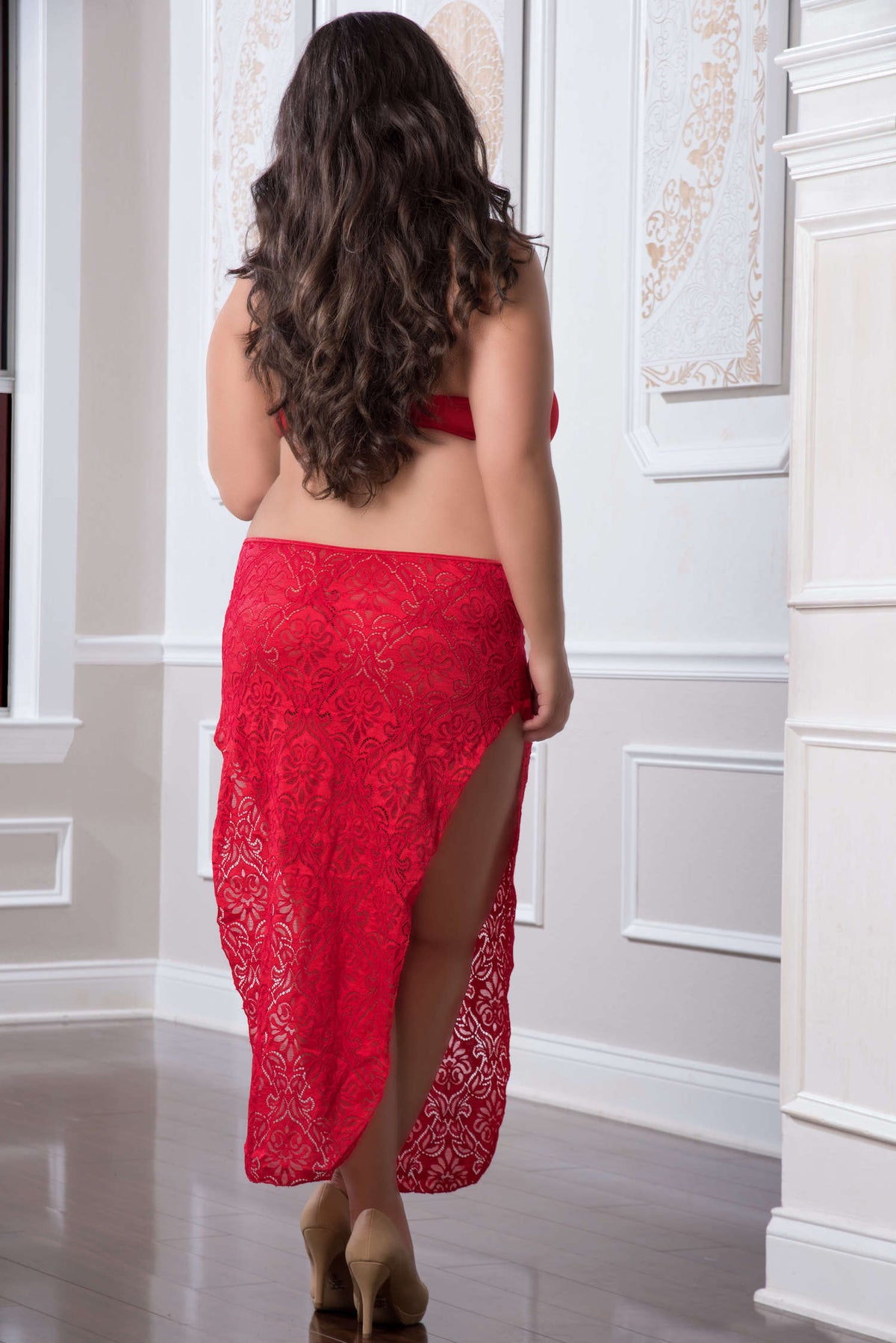 2 Pc. Shoulder-Baring Laced Night Dress - Red  Cherry - Queen Size