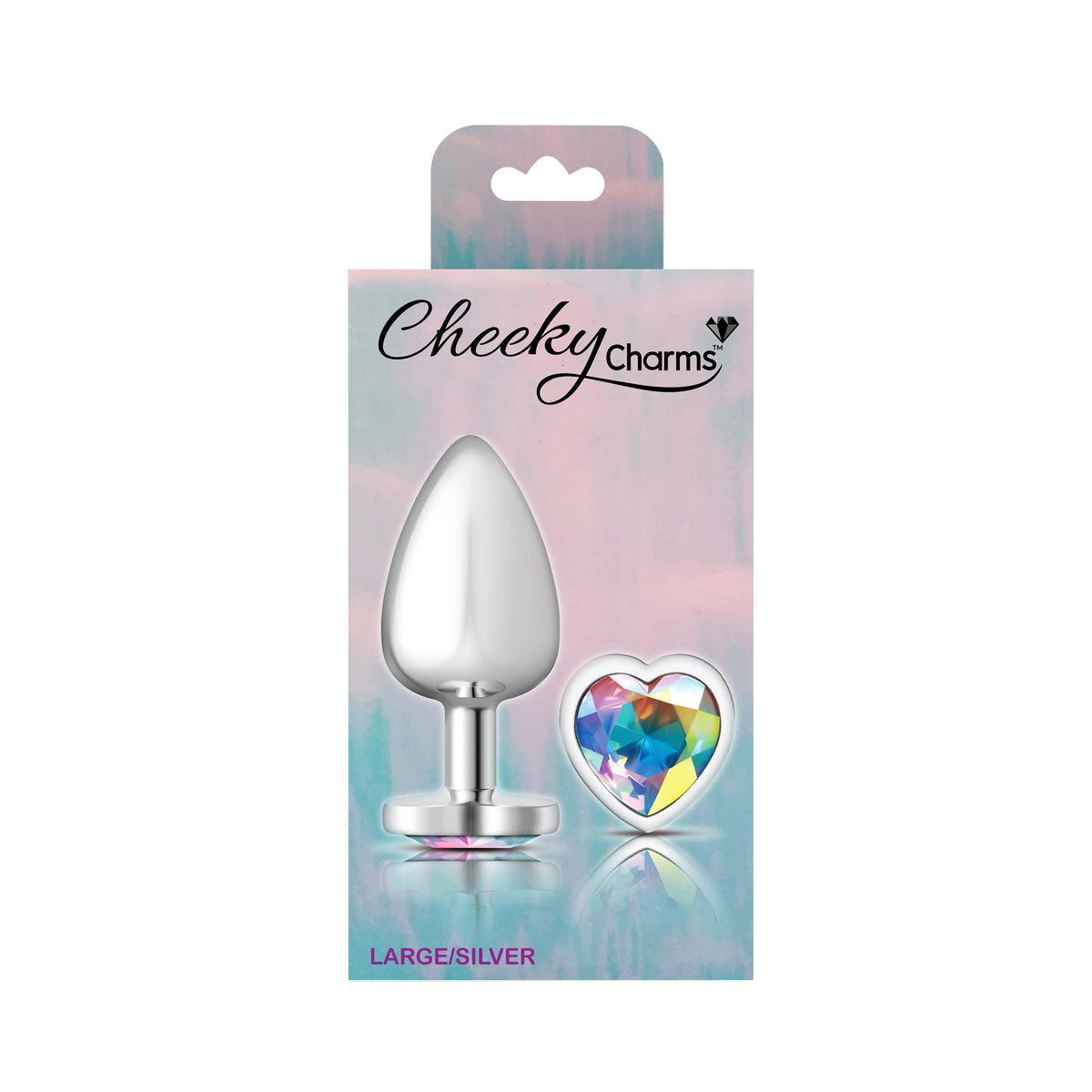 Clear Iridescent Heart Gem Silver Metal Plug - Lg