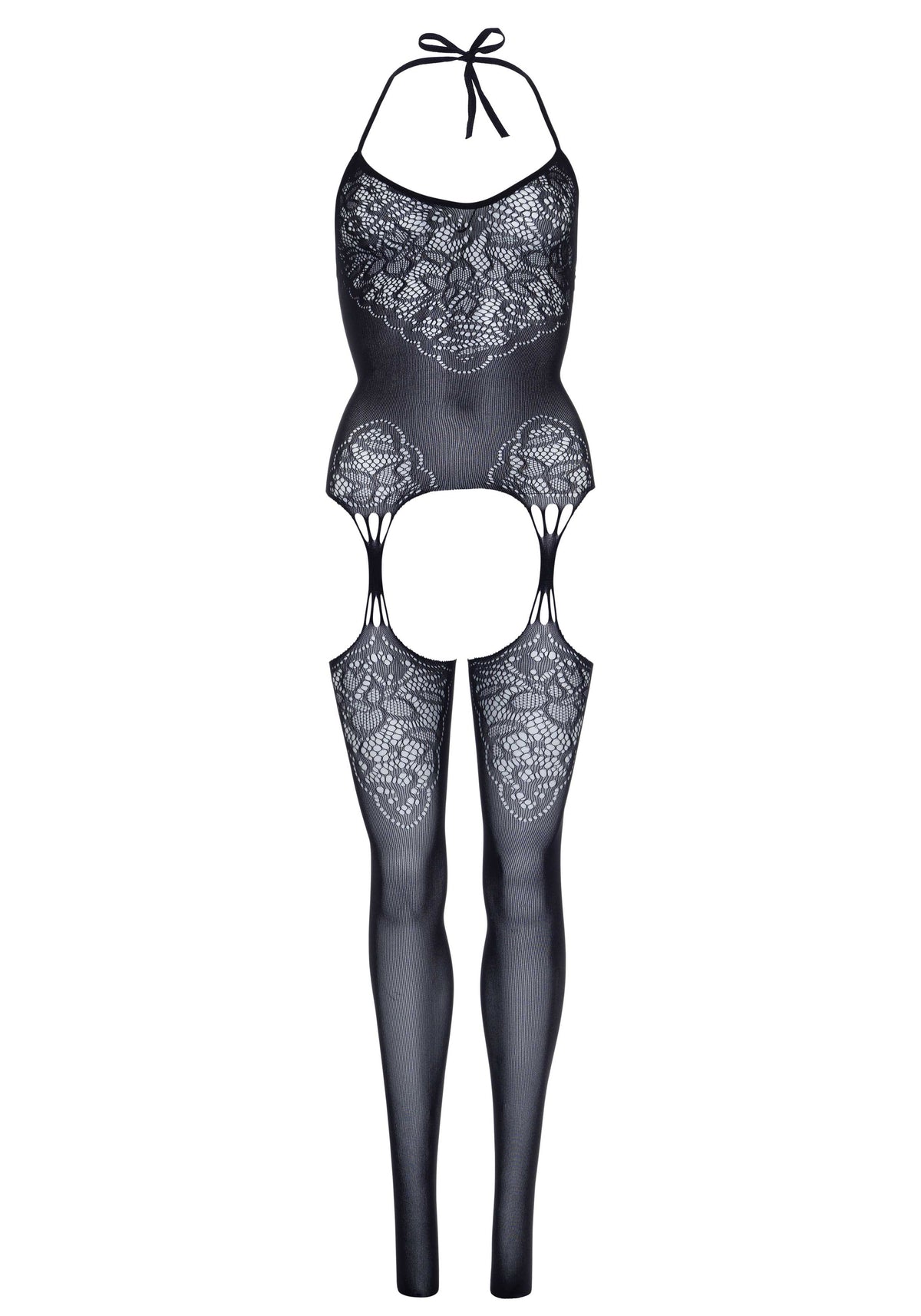 Seamless Lace Jacquard Net Suspender Bodystocking  - 1x/2x - Black