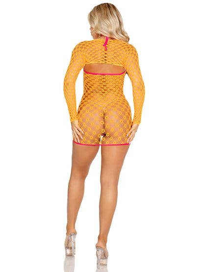 2 Pc Eyelet Net Mini Dress With Tie- Front Keyhole and Shrug O/s - Neon Orange