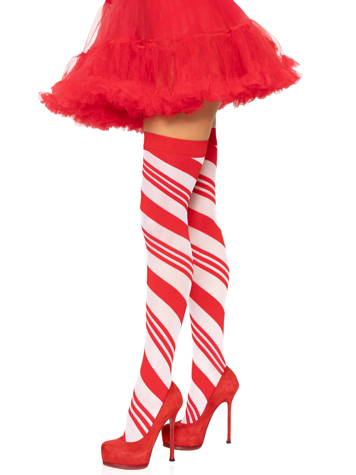 Candy Cane Thigh High - One Size - White/red